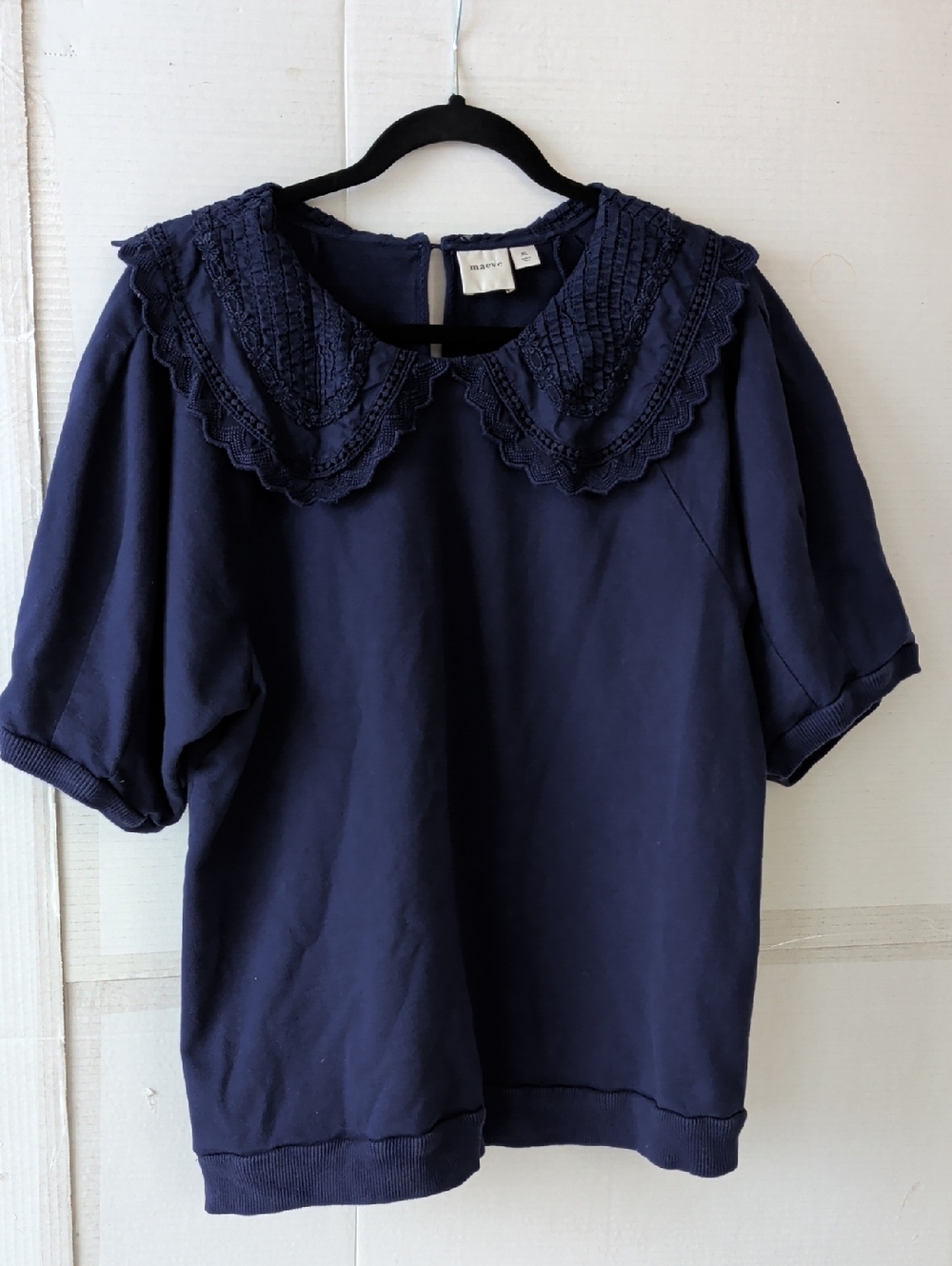 Maeve Navy Lace Peter Pan Collar Short Sleeve Top SZ XL Chic Comfy Anthropologie